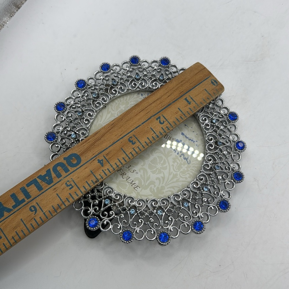 Sunflower Designs Silver Tone Blue Rhinestone Ornate Round Photo Frame - Picture 3 of 7